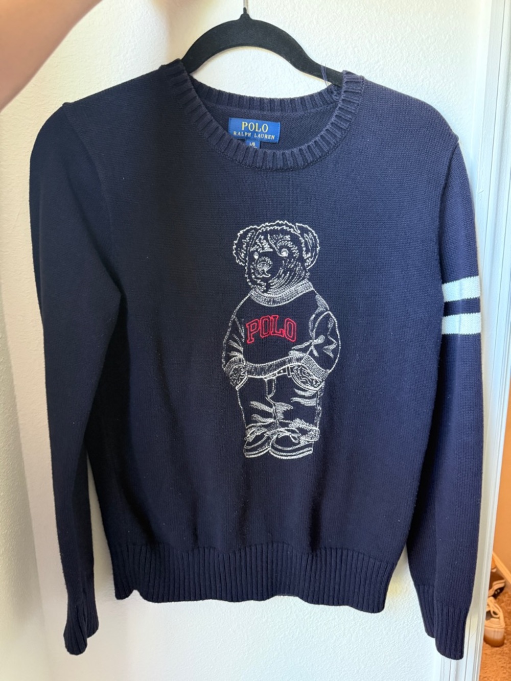 Polo by Ralph Lauren Navy Crewneck Bear Sweater with White Stripe